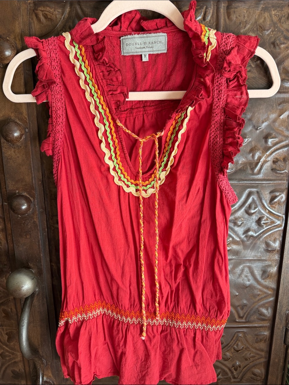 Double D Ranch Red Sleeveless Ruffle Tie-Neck top